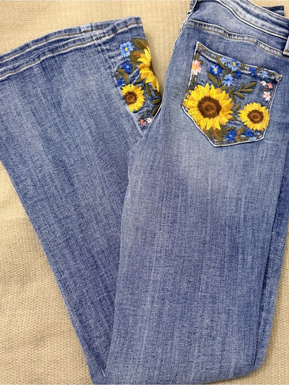 DRIFTWOOD Blue Denim Flare Jeans with Sunflower Embroidery